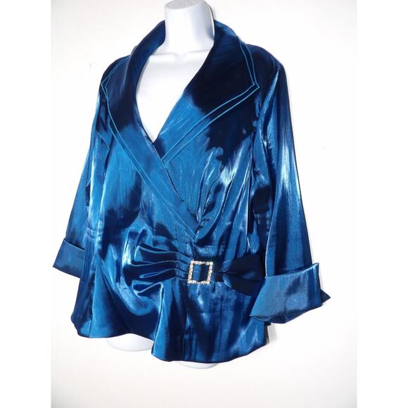 Xscape Woman By Joanna Chen 22W Silky Blouse Royal Blue Rhinestone Artsy Formal - Picture 2 of 13